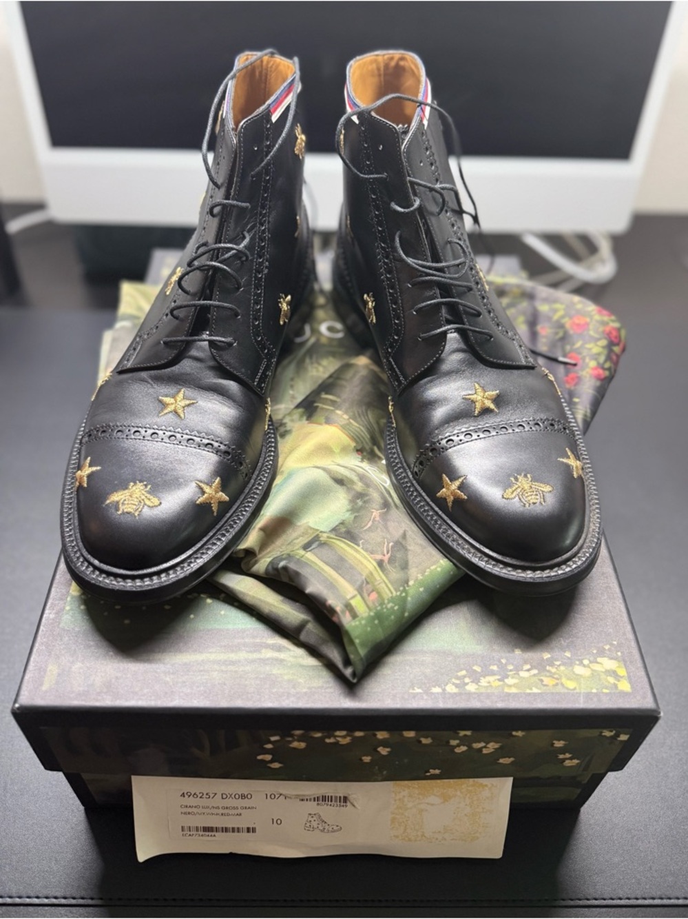 Gucci Black Leather Lace-Up Ankle Boots with Gold Star & Bee Embroidery